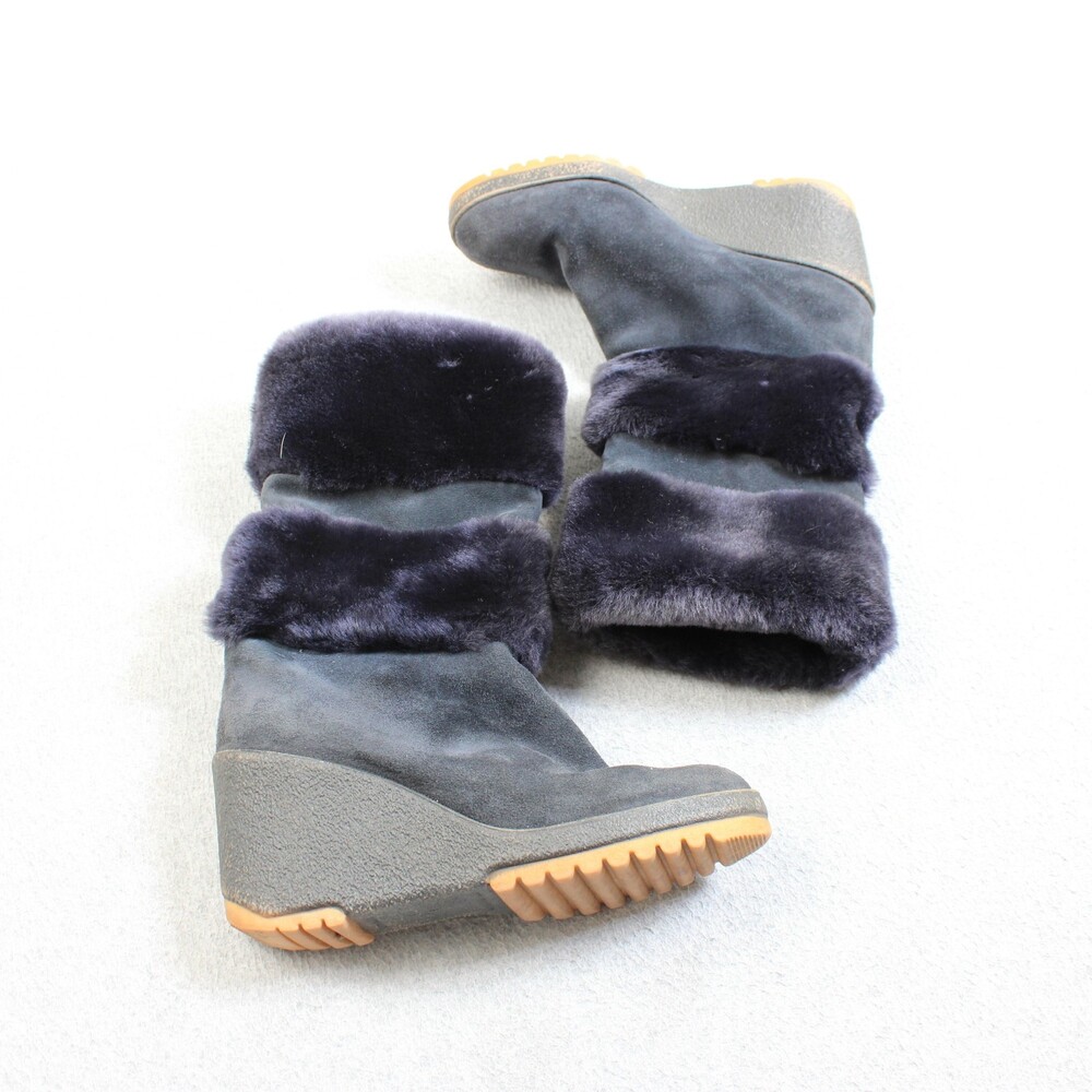 Vintage Shearling Wedge Boots Womens Size 7 Gray Suede Mid Calf Fur France READ